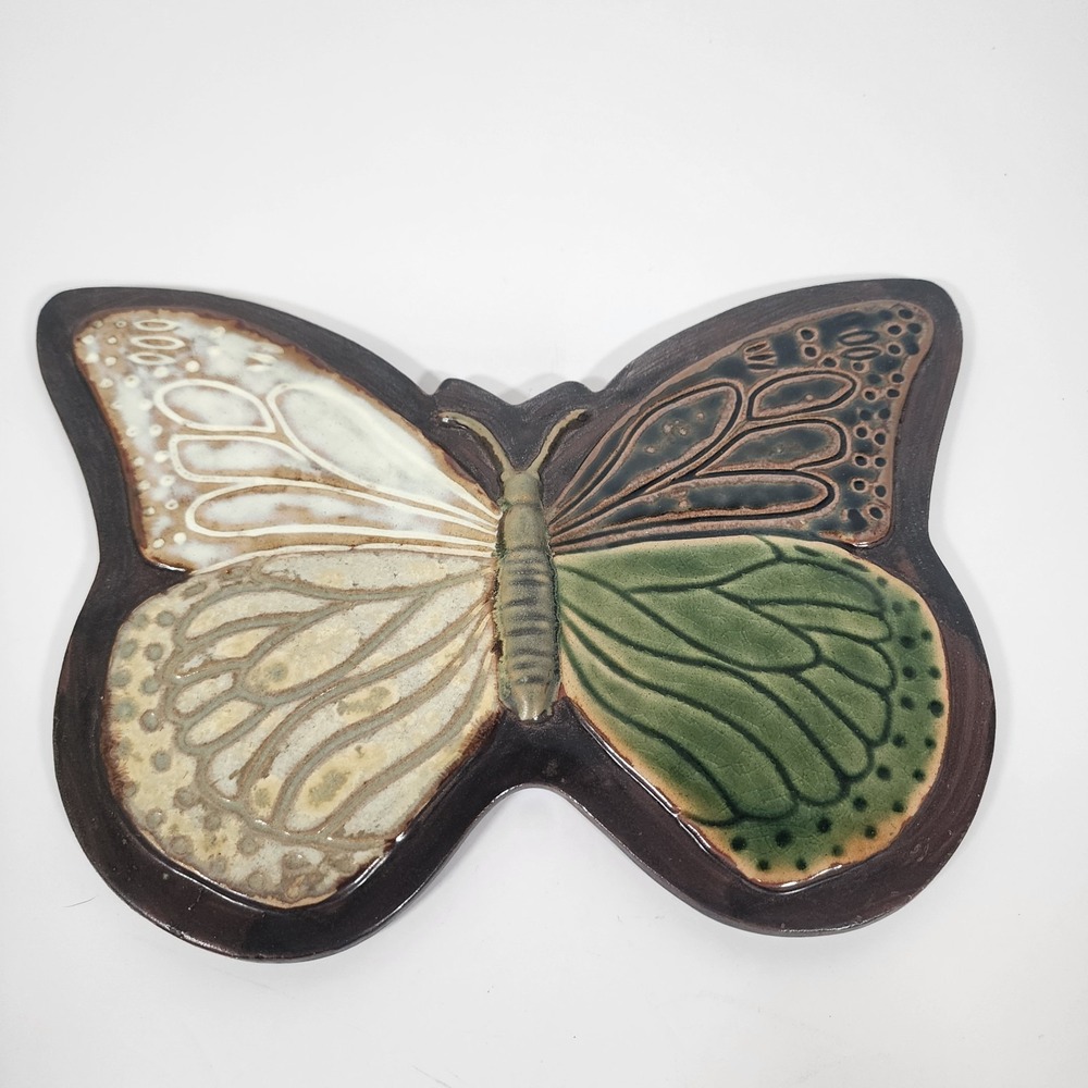 Pier‎ 1 Imports Butterfly Ceramic Candle Tray Decorative Plate Green Brown